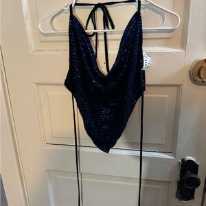 Love J navy blue sequin crop top with a cowl neck that ties